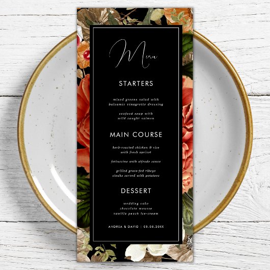 Dark Floral Botanical Elegant Romantic Wedding Menu