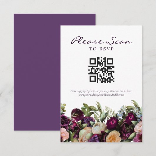 Dark Floral bruiloft QR Code RSVP Card Kaartje (Voorkant / Achterkant)