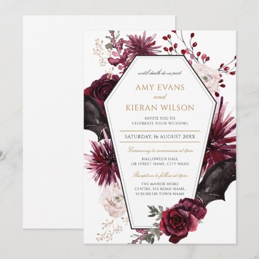 Dark Floral Burgundy & Black Halloween Wedding Kaart (Voorkant / Achterkant)
