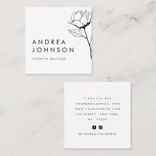 Dark Floral Drage Botanical Elegant Plain White Vierkante Visitekaartje (Voorkant / Achterkant)