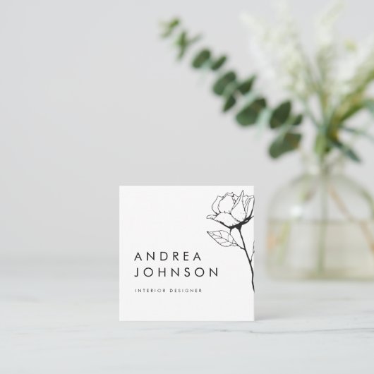 Dark Floral Drage Botanical Elegant Plain White Vierkante Visitekaartje (Staand voorkant)