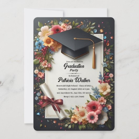 Dark Floral Elegant Graduation Party Uitnodiging (Voorkant)
