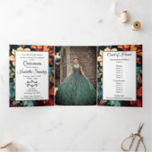 Dark Floral Foto Quinceanera Trifold Invitation Drieluik Programma (Binnen)