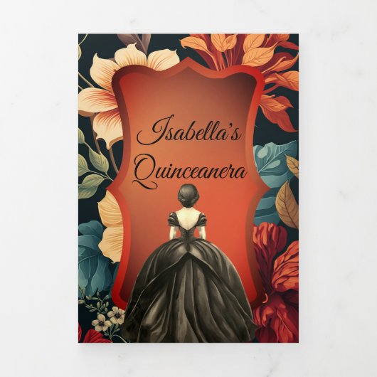 Dark Floral Foto Quinceanera Trifold Invitation Drieluik Programma (Cover)