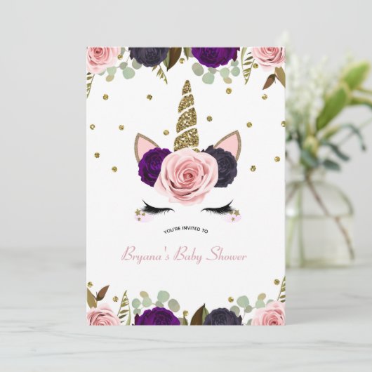 Dark Floral Glam Gold Glitter Eenhoorn Baby shower Kaart (Staand voorkant)