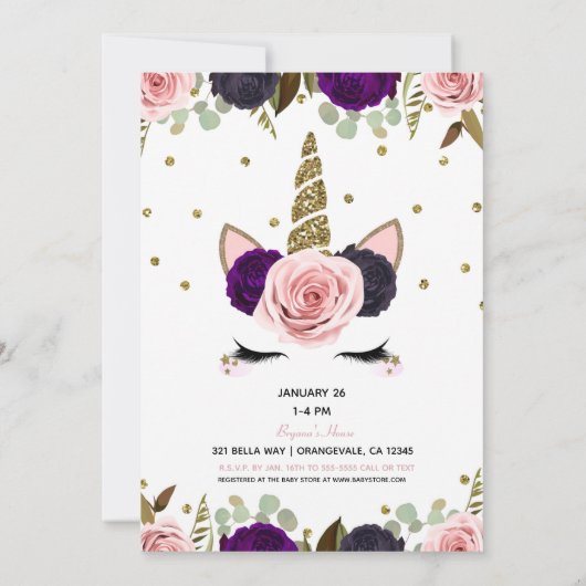 Dark Floral Glam Gold Glitter Eenhoorn Baby shower Kaart (Achterkant)