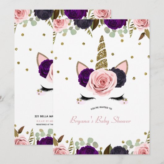 Dark Floral Glam Gold Glitter Eenhoorn Baby shower Kaart (Voorkant / Achterkant)
