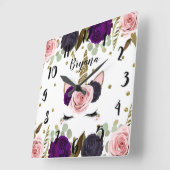 Dark Floral Glam Gold Glitter Unicorn Trendy Cute Vierkante Klok (Hoek)