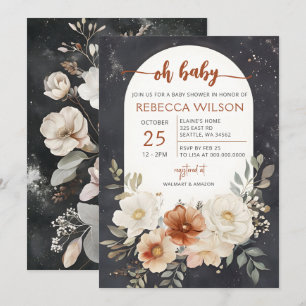 Dark Floral Greenery Botanical Boho Baby shower Kaart