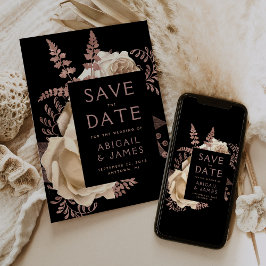 Dark Floral Ivoor Roos Gold Wedding Save the Date Kaart