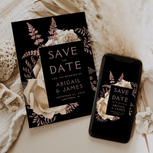 Dark Floral Ivoor Roos Gold Wedding Save the Date Kaart