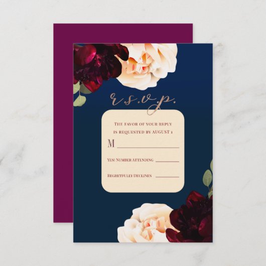 Dark Floral Marsala Cream & Navy Reply R.S.V.P. in Kaart (Voorkant / Achterkant)