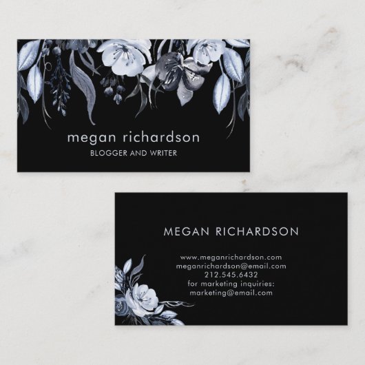 Dark Floral | Moderne Waterverf over zwart | Visitekaartje (Voorkant / Achterkant)