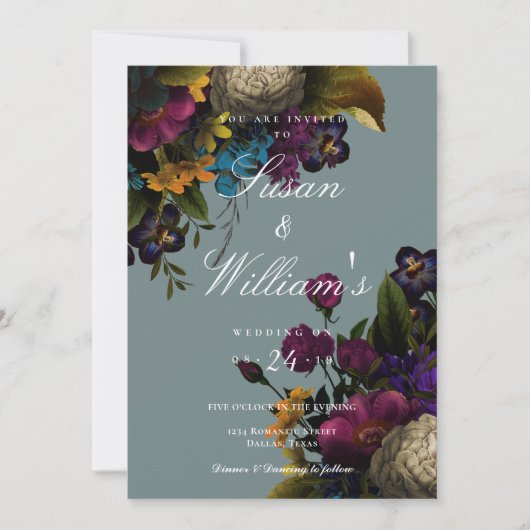Dark Floral Moody Blue Blauwgroen Wedding Kaart (Voorkant)