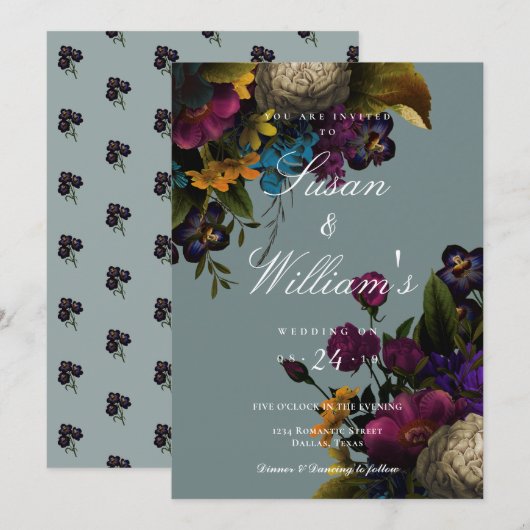Dark Floral Moody Blue Blauwgroen Wedding Kaart (Voorkant / Achterkant)