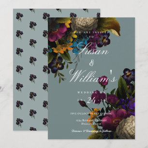 Dark Floral Moody Blue Blauwgroen Wedding Kaart