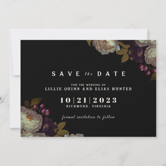Dark Floral | Moody Classic Black en White Save The Date (Voorkant)