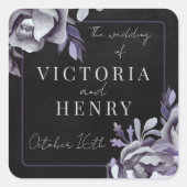 Dark Floral Moody Gothic Zwart Paarse bruiloft Vierkante Sticker (Voorkant)