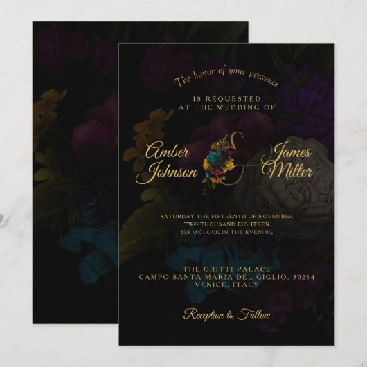 Dark Floral Moody Monogram Wedding Invitation Kaart (Voorkant / Achterkant)