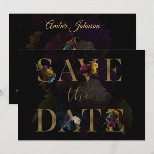 Dark Floral Moody Monogram Wedding Save the Date Kaart (Voorkant / Achterkant)
