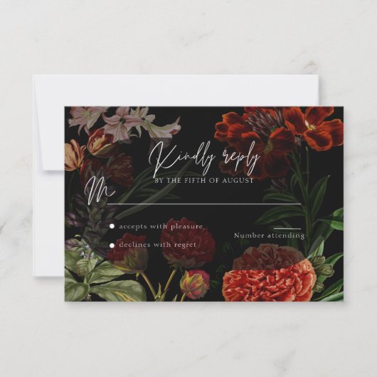 Dark Floral Moody Wedding RSVP Kaartje (Voorkant)