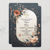Dark Floral Navy en Peach Huwelijksuitnodiging Kaart (Voorkant / Achterkant)