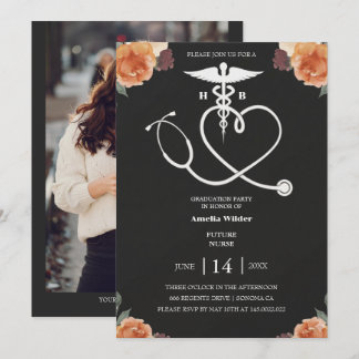 Dark Floral Nursing Graduation Invitation with Hea Kaart