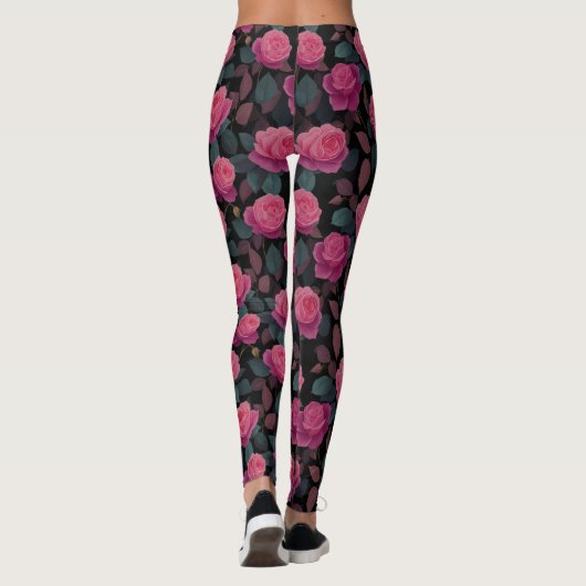Dark Floral Pink Rose Pattern Leggings (Achterkant)