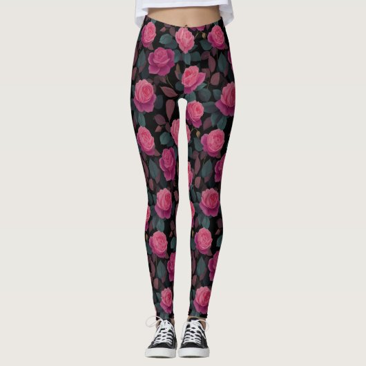 Dark Floral Pink Rose Pattern Leggings (Voorkant)