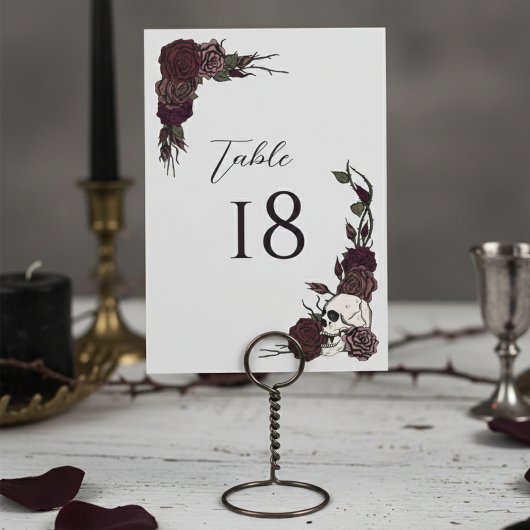 Dark Floral Skull Gothic Wedding Table Number Card Kaart
