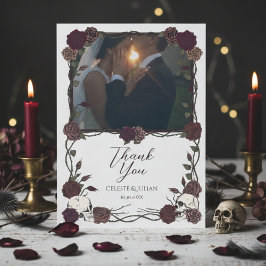 Dark Floral Skull Photo Wedding Thank You Card Bedankkaart