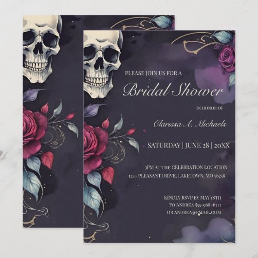 Dark Floral Skull & Rose Gothic Bridal Shower Kaart (Voorkant / Achterkant)