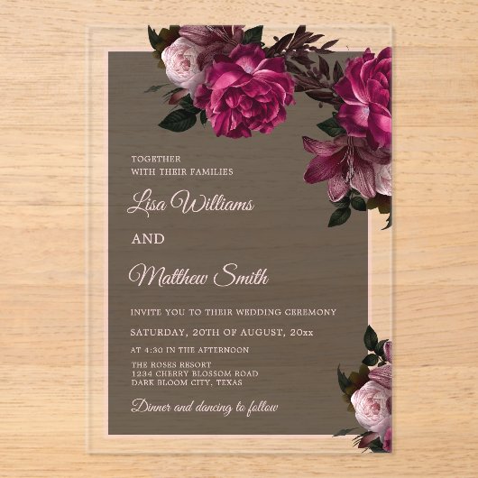 Dark Floral Transparent Wedding Acryl Uitnodigingen (Voorkant)