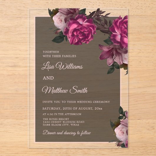 Dark Floral Transparent Wedding Acryl Uitnodigingen (Voorkant)