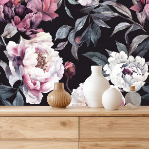 Dark Floral Waterverf Pioen Behang