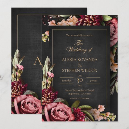 Dark Floral Wedding Invitation Kaart (Voorkant / Achterkant)
