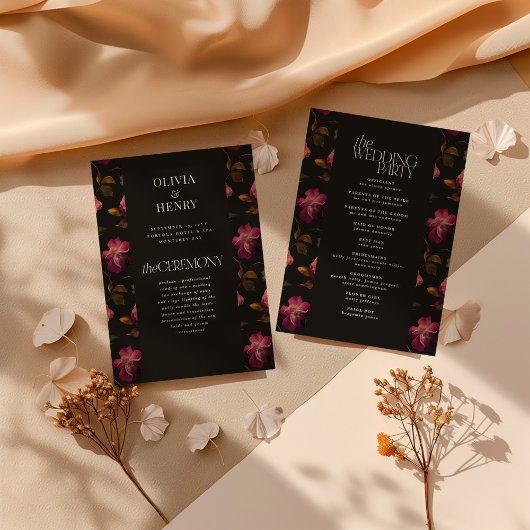 Dark Floral Wedding Program Elegant Burgundy Programmakaart