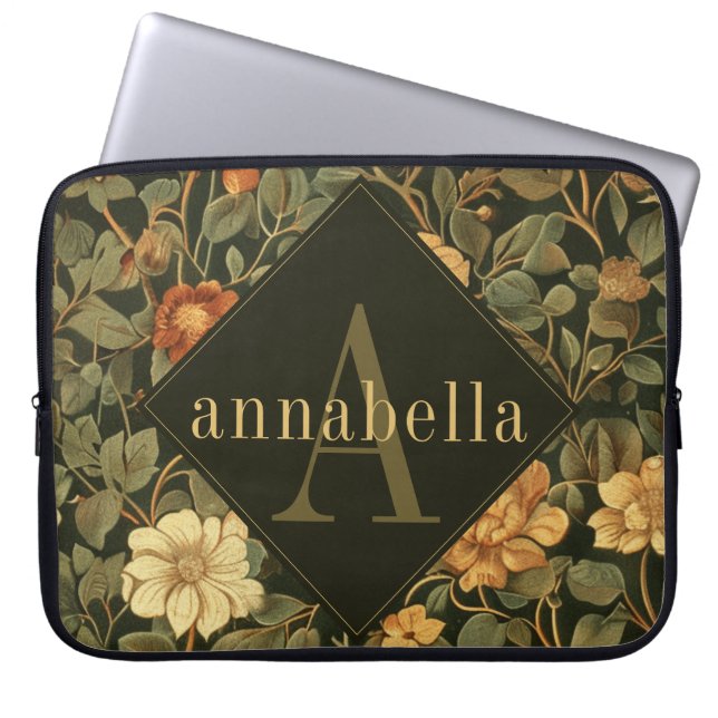 Dark Floral William Morris Monogram Laptop Sleeve (Voorkant)