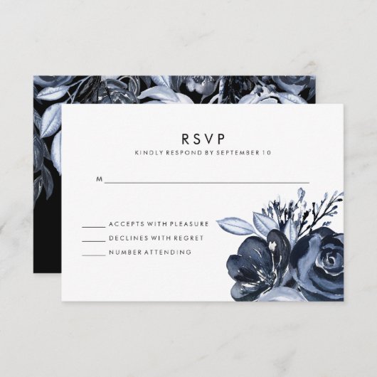 Dark Floral | Zwarte Waterverf-weddenschap RSVP Kaartje (Voorkant / Achterkant)