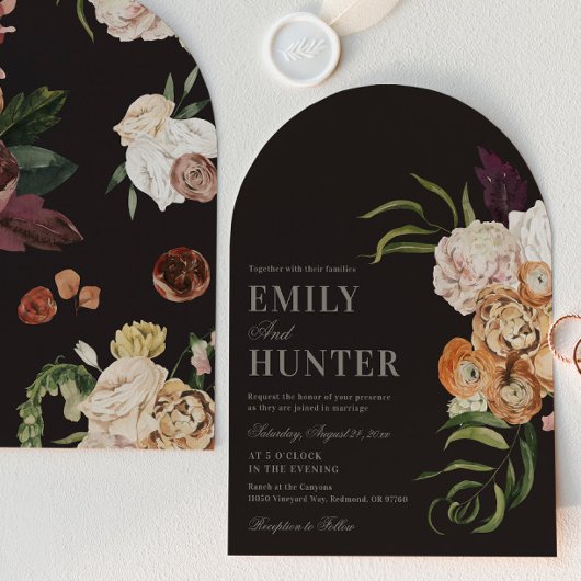 Dark Florals Arch Photo Wedding Invitation Kaart