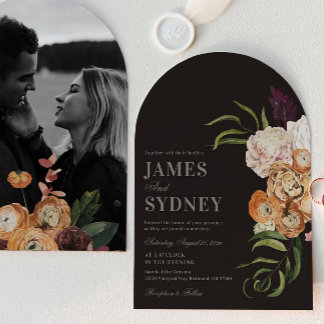 Dark Florals Arch Photo Wedding Invitation Kaart