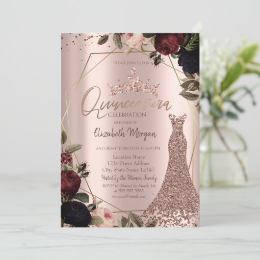 Dark Flowers Crown Rose Gold Dress Quinceañera Kaart (Staand voorkant)