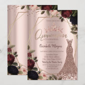 Dark Flowers Crown Rose Gold Dress Quinceañera Kaart (Voorkant / Achterkant)