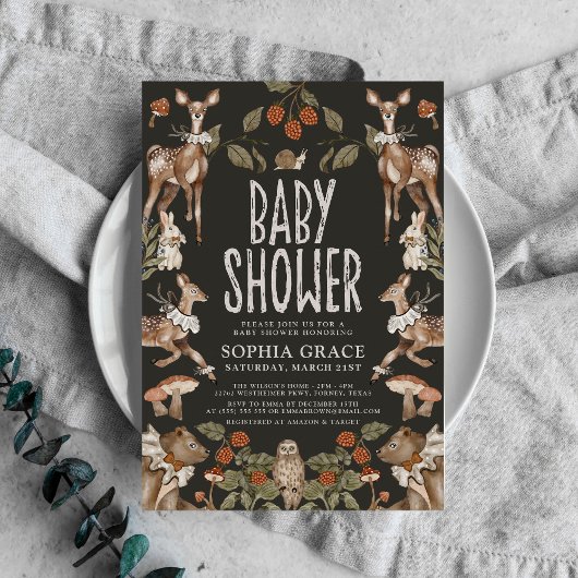 Dark Forest Elegant Woodland Animals Baby shower Kaart