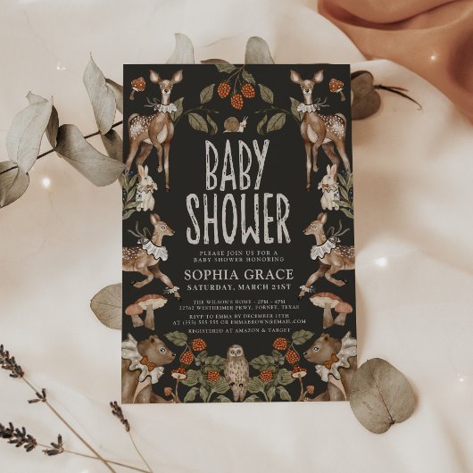 Dark Forest Elegant Woodland Animals Baby shower Kaart