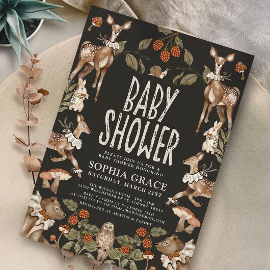 Dark Forest Elegant Woodland Animals Baby shower Kaart