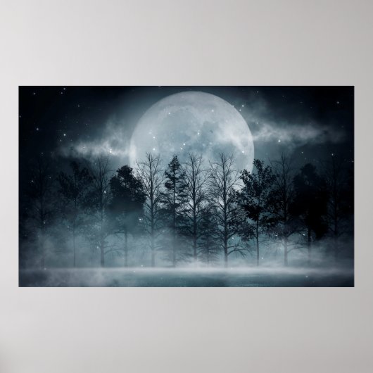 Dark forest. Gloomy dark scene with trees, big moo Poster (Voorkant)