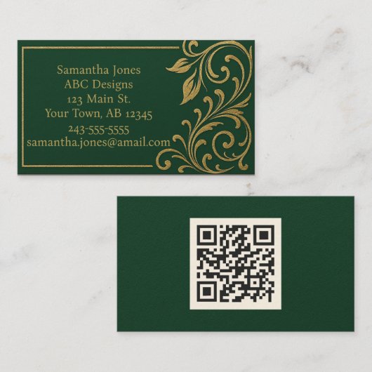 Dark Forest Green & Gold QR Code Visitekaartje (Voorkant / Achterkant)