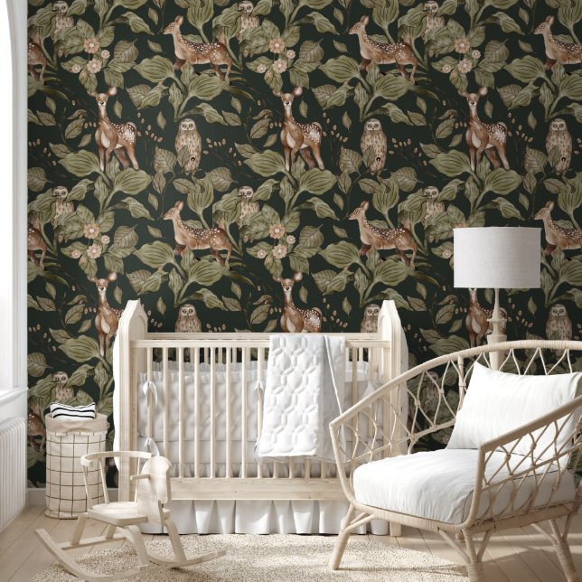 Dark Forest Waterverf Deer & Greenery Wallpaper Behang (Kinderen)