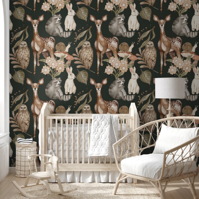Dark Forest Waterverf Deer & Greenery Wallpaper Behang (Kinderen)